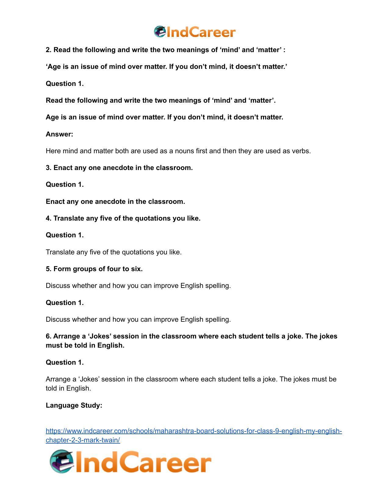 Maharashtra Board Solutions for Class 9- English (My English): Chapter 2.3- Mark Twain - Page 6