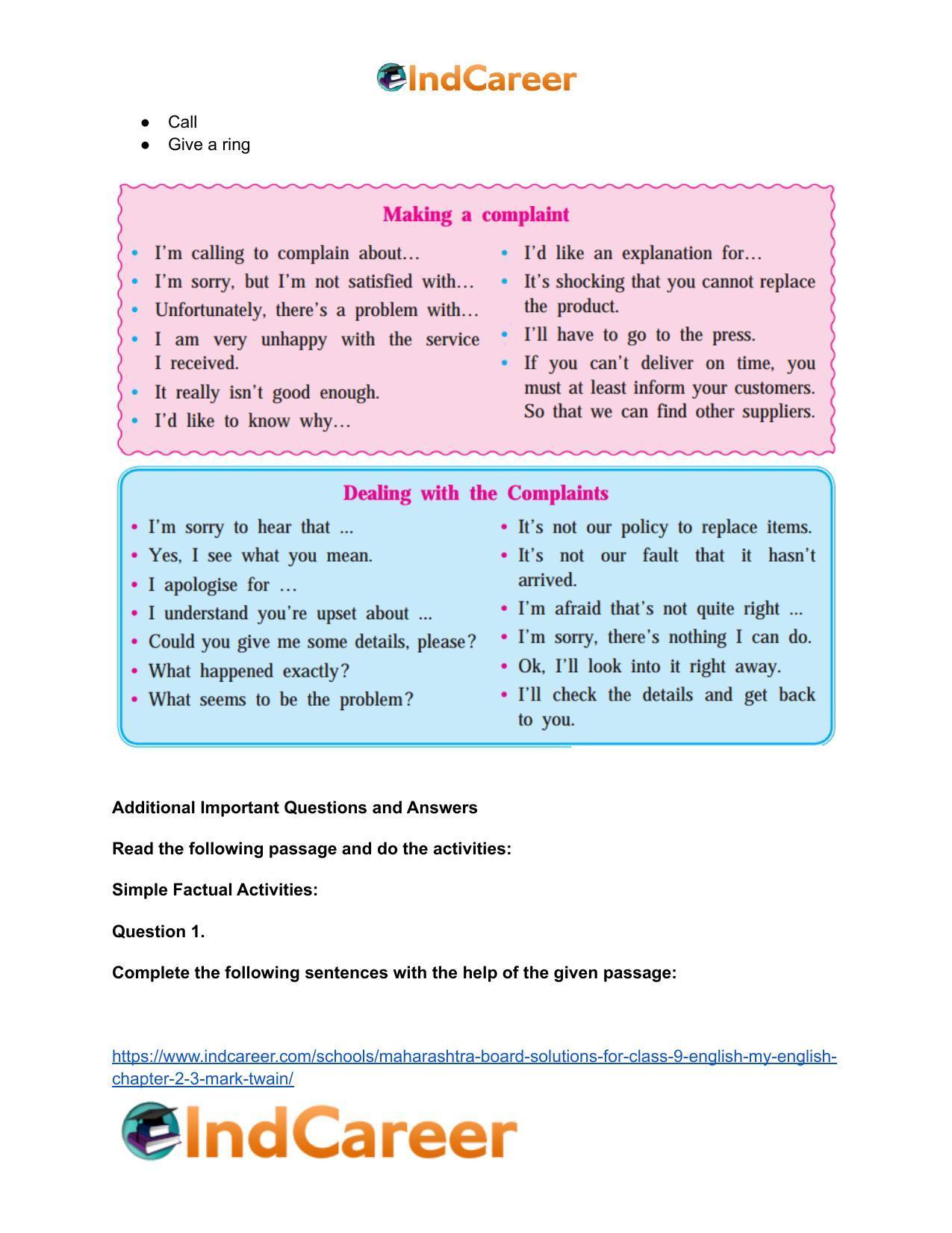 Maharashtra Board Solutions for Class 9- English (My English): Chapter 2.3- Mark Twain - Page 11