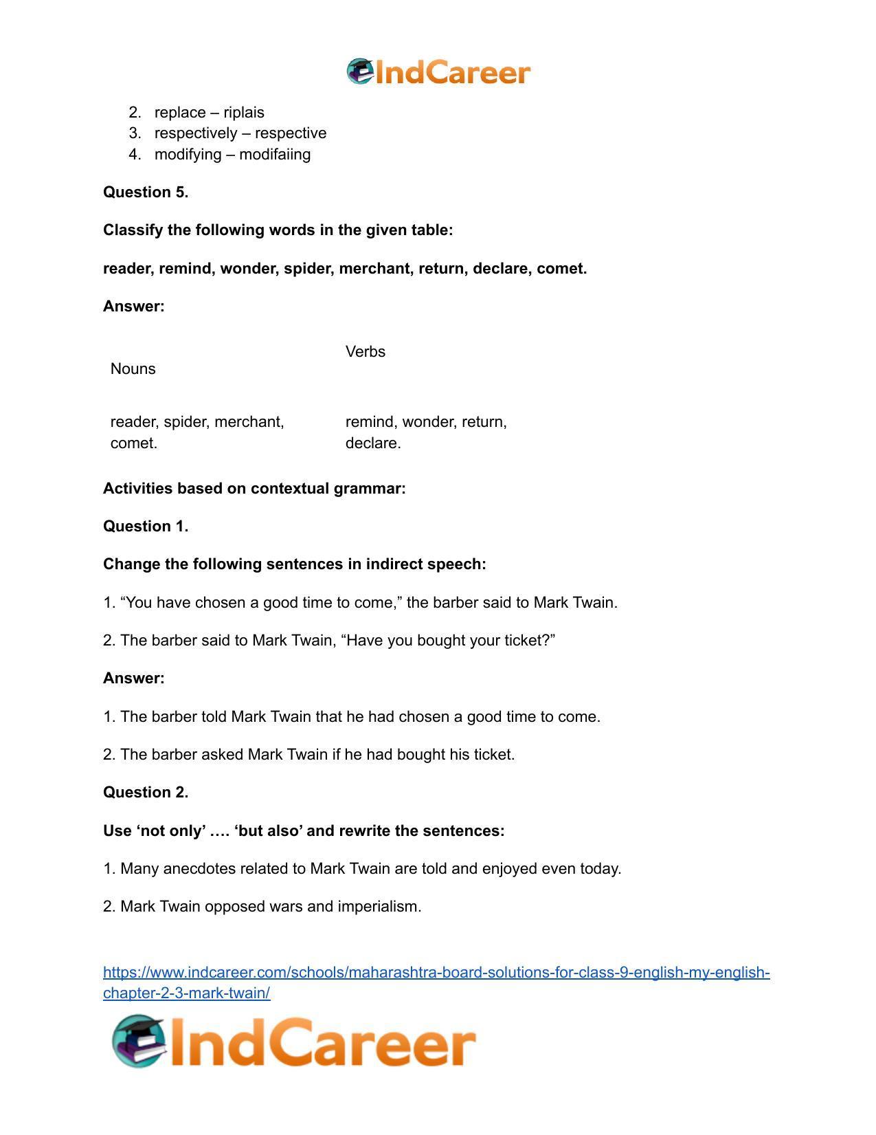 Maharashtra Board Solutions for Class 9- English (My English): Chapter 2.3- Mark Twain - Page 17