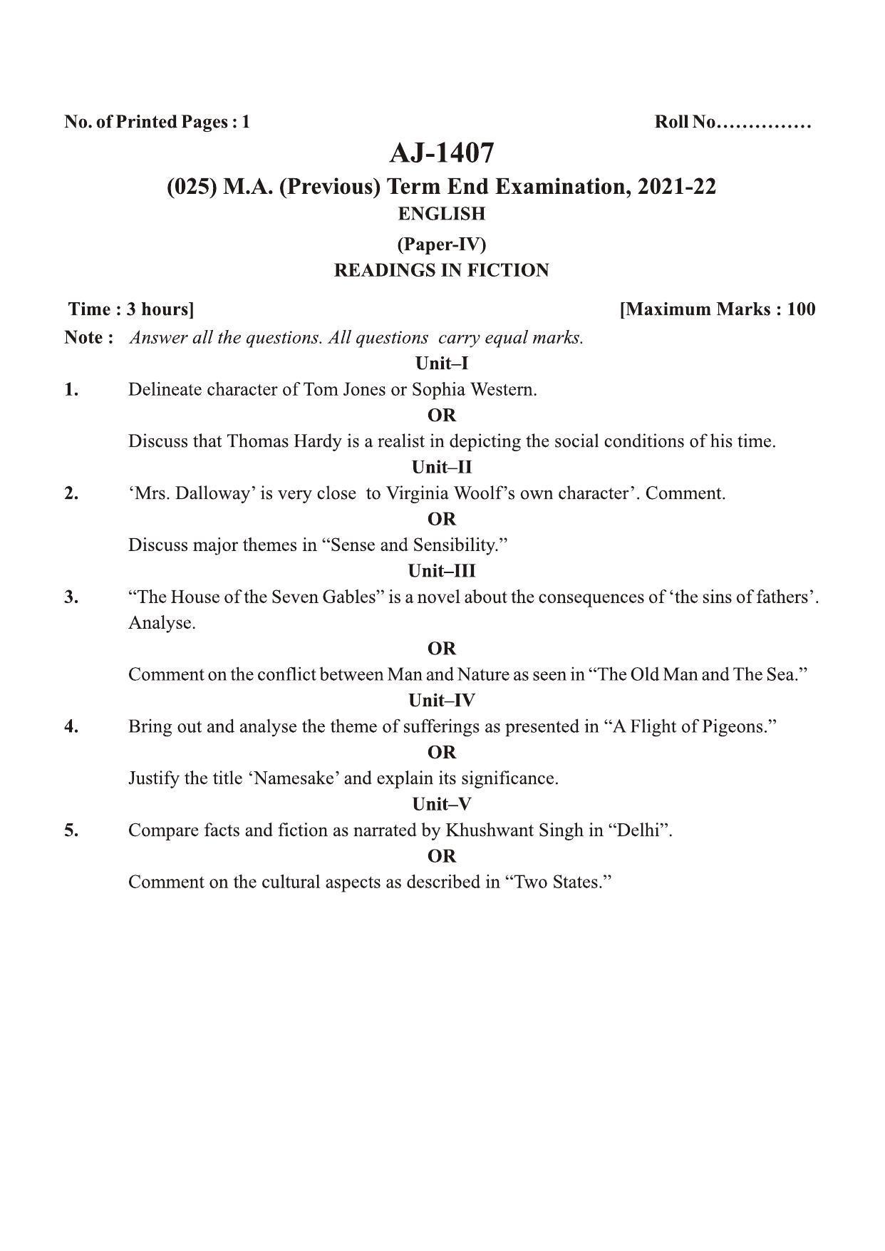 Bilaspur University Question Paper 2021-2022:M.A (Pravious) English Readings In Fiction paper 1 - Page 1