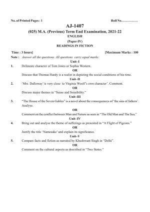 Bilaspur University Question Paper 2021-2022:M.A (Pravious) English Readings In Fiction paper 1