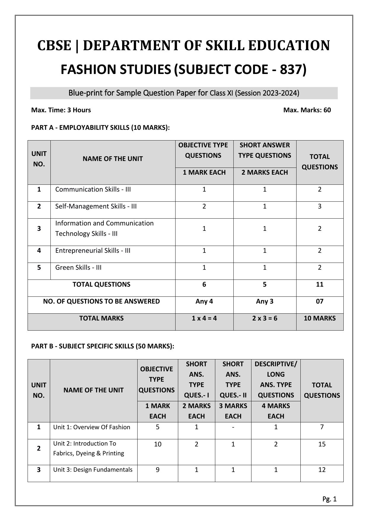 CBSE Class 11: Fashion Studies 2024 Sample Paper - Page 1