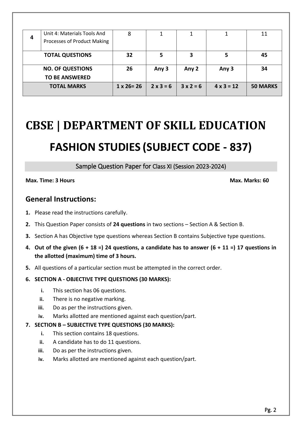 CBSE Class 11: Fashion Studies 2024 Sample Paper - Page 2