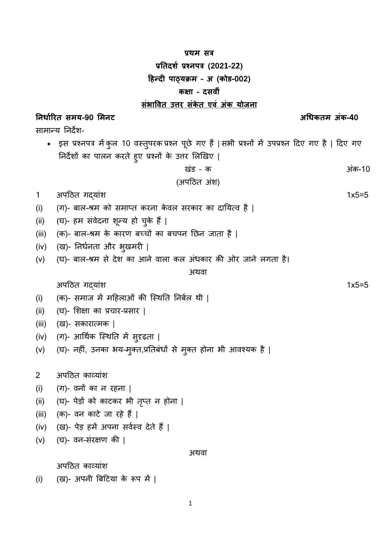 CBSE Class 10 Hindi A Marking Scheme and Solutions 2021-22 - Page 1