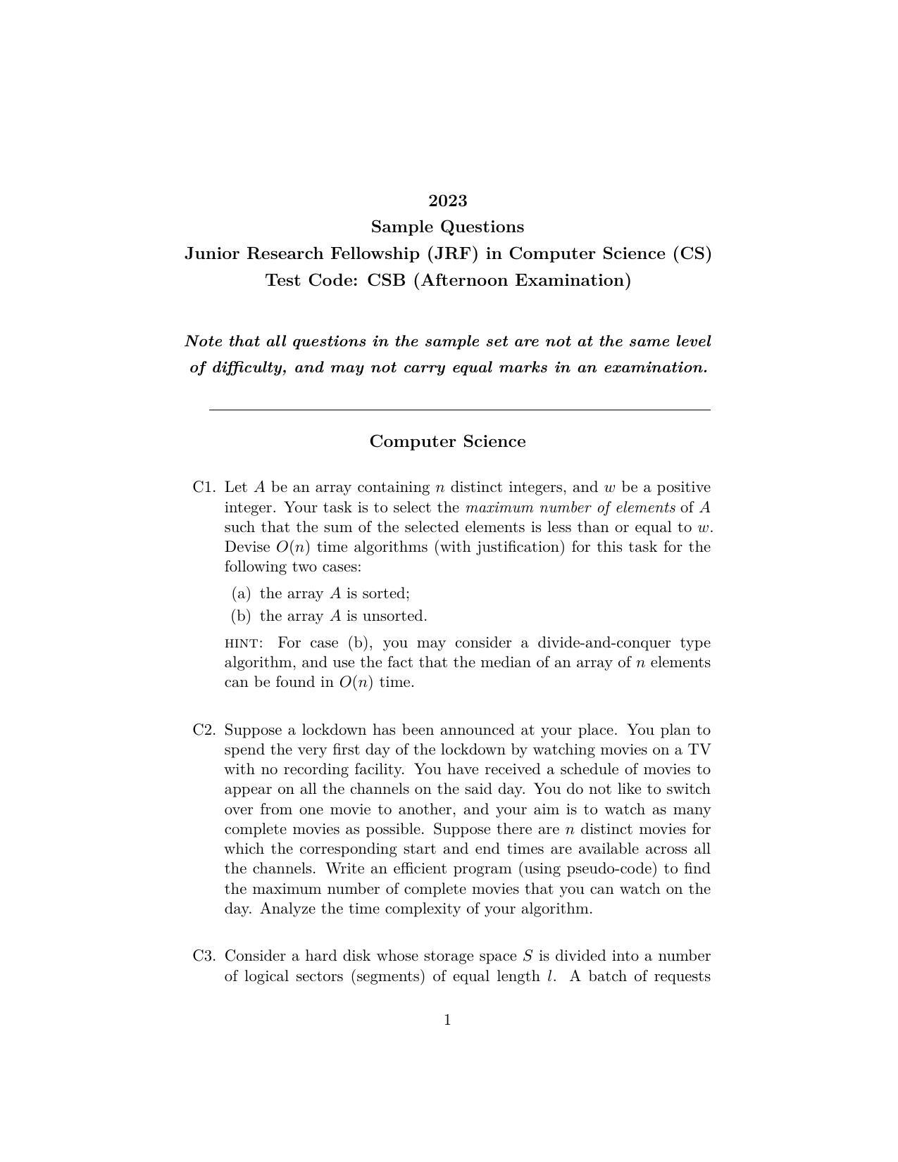 ISI Admission Test JRF in Computer Science CSB 2023 Sample Paper - Page 1