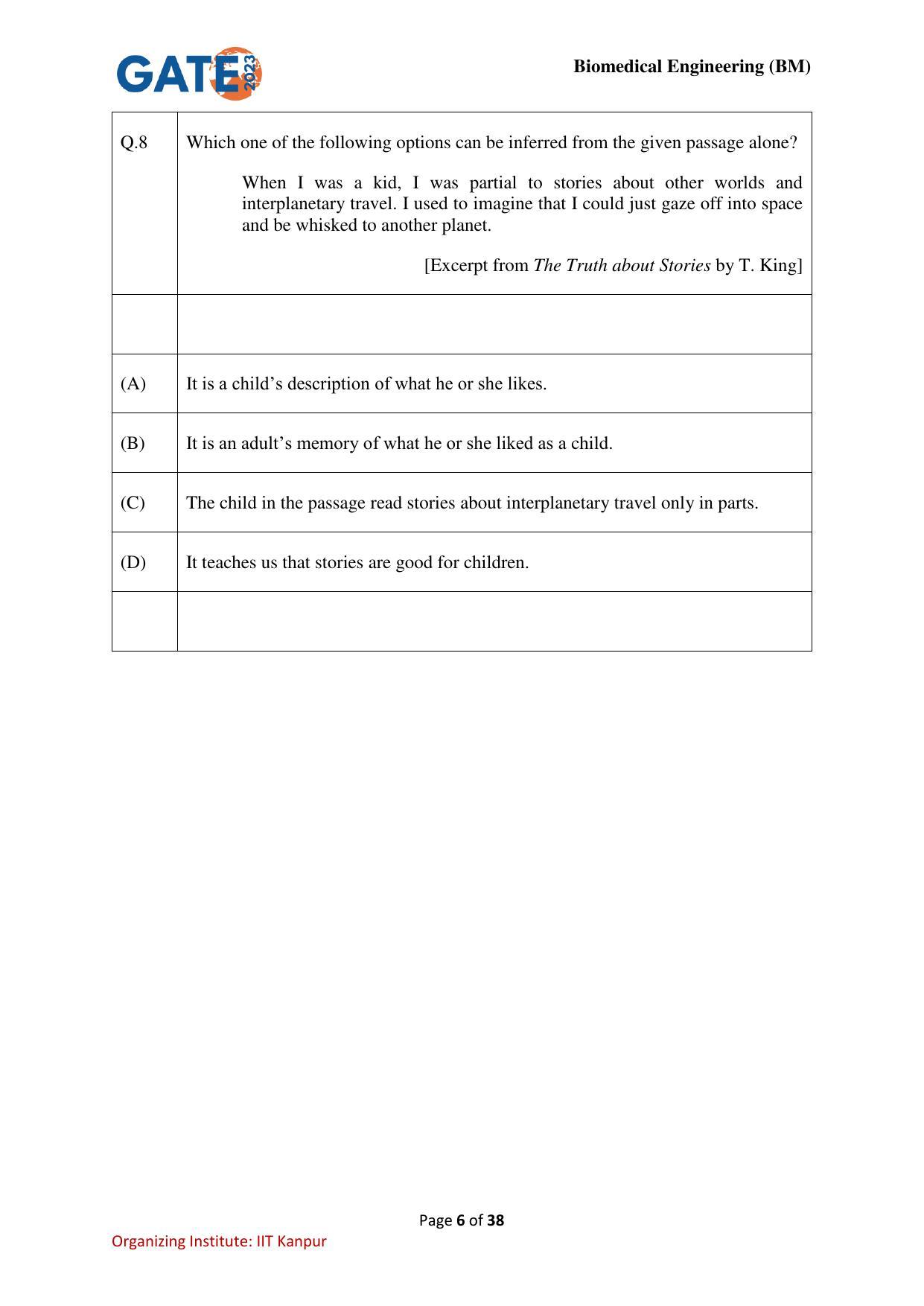 GATE 2023 Biomedical Engineering (BM) Question Paper - Page 6