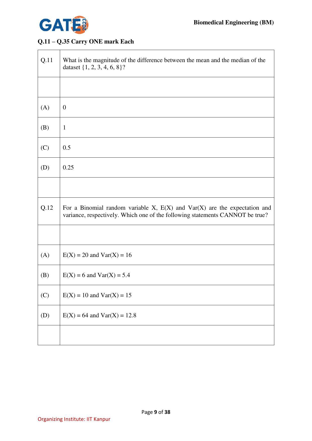 GATE 2023 Biomedical Engineering (BM) Question Paper - Page 9