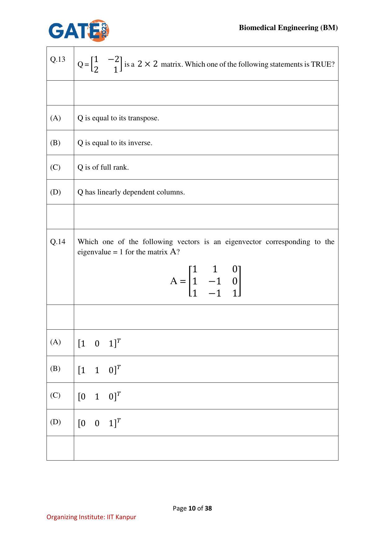 GATE 2023 Biomedical Engineering (BM) Question Paper - Page 10