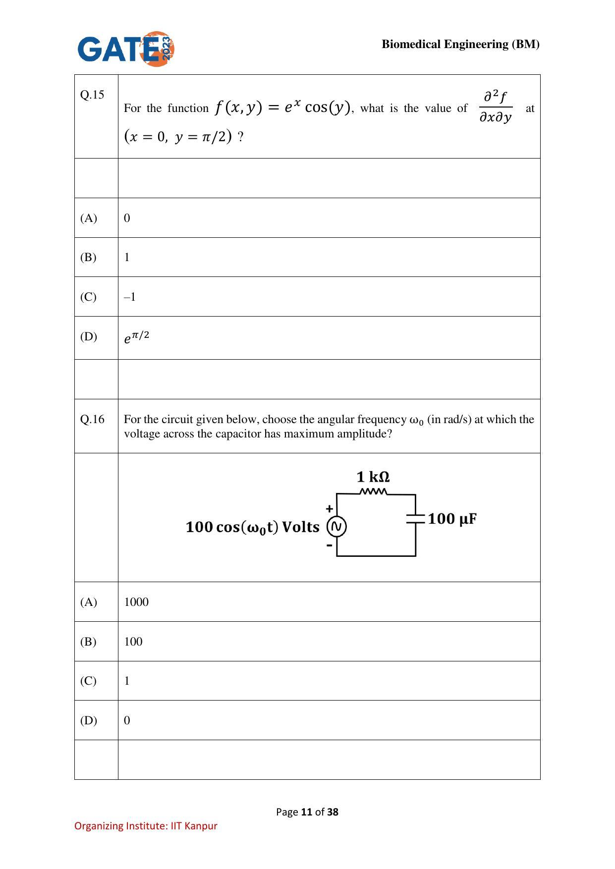 GATE 2023 Biomedical Engineering (BM) Question Paper - Page 11