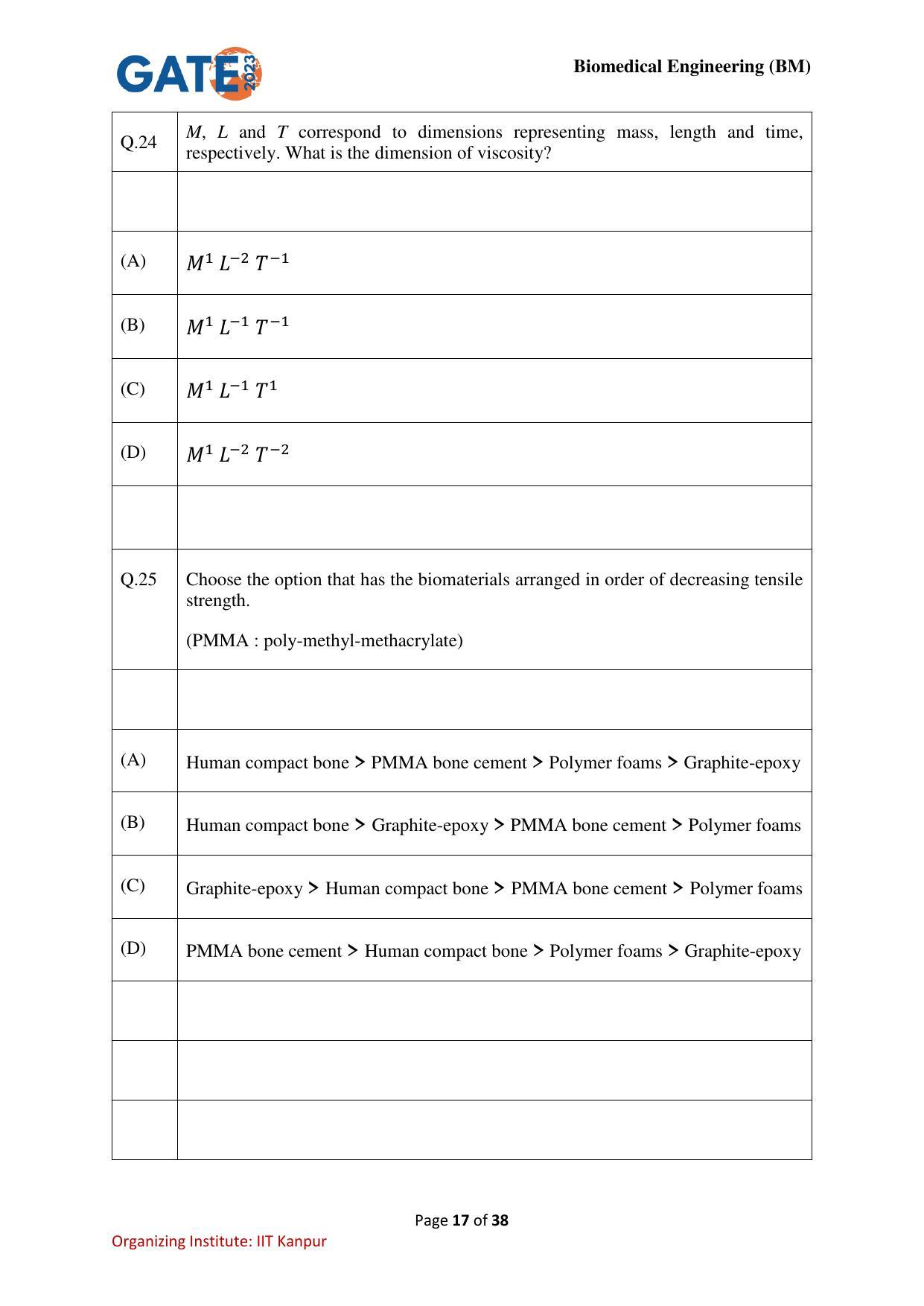 GATE 2023 Biomedical Engineering (BM) Question Paper - Page 17
