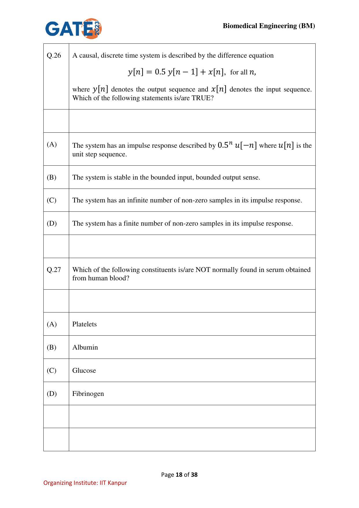 GATE 2023 Biomedical Engineering (BM) Question Paper - Page 18