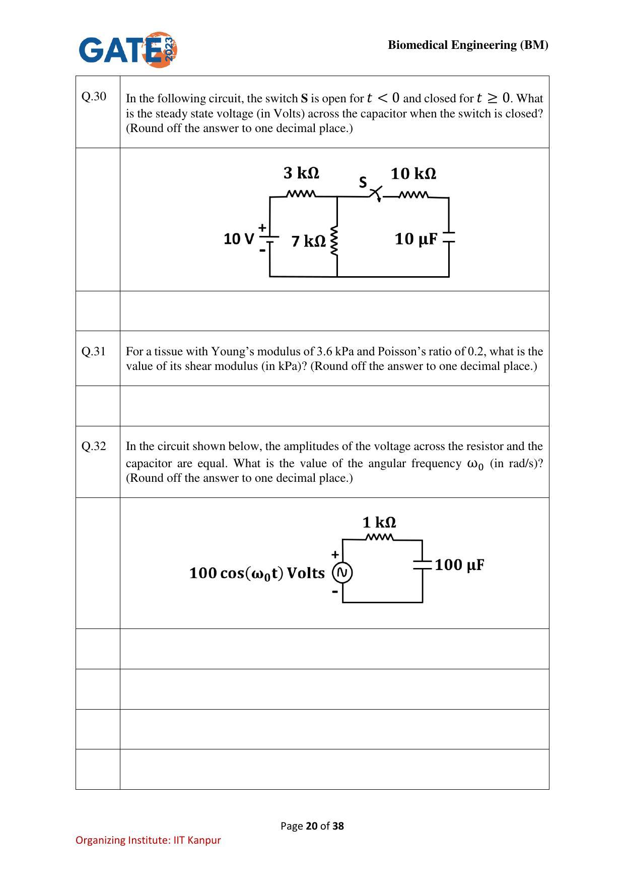 GATE 2023 Biomedical Engineering (BM) Question Paper - Page 20