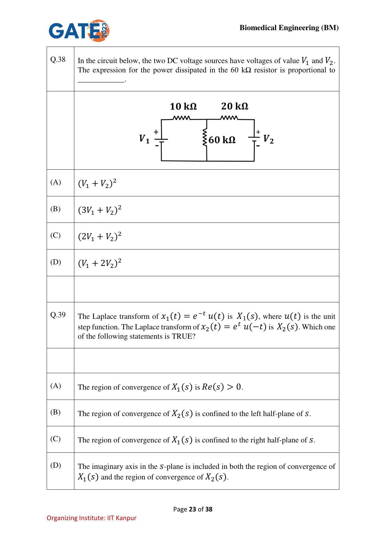 GATE 2023 Biomedical Engineering (BM) Question Paper - Page 23
