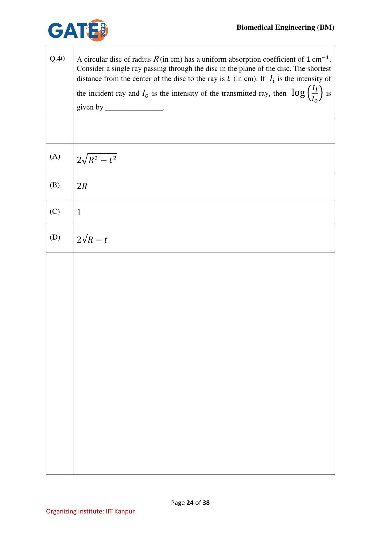 GATE 2023 Biomedical Engineering (BM) Question Paper - Page 24