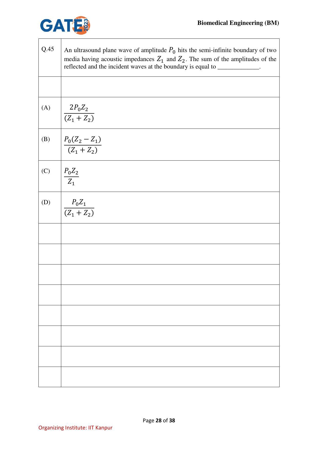 GATE 2023 Biomedical Engineering (BM) Question Paper - Page 28
