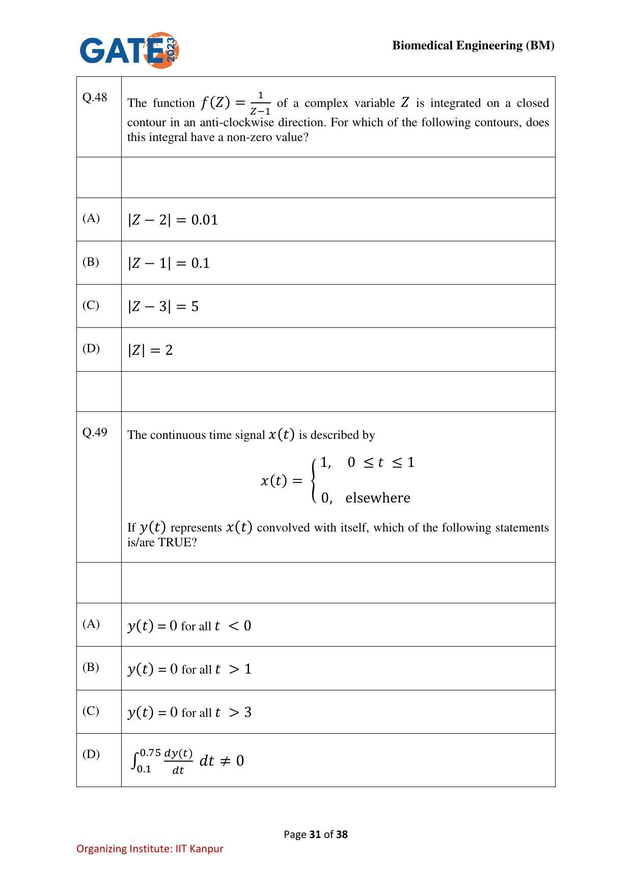 GATE 2023 Biomedical Engineering (BM) Question Paper - Page 31