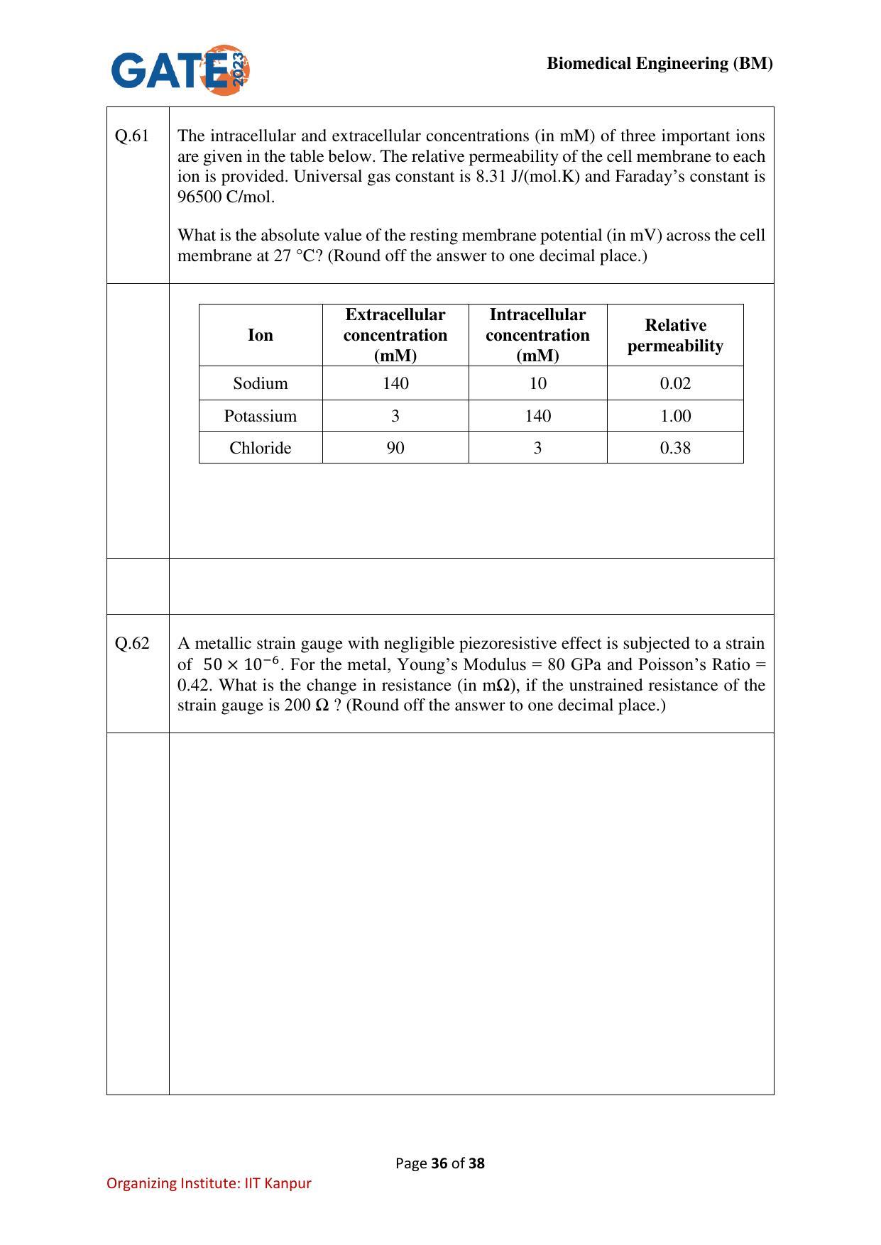 GATE 2023 Biomedical Engineering (BM) Question Paper - Page 36