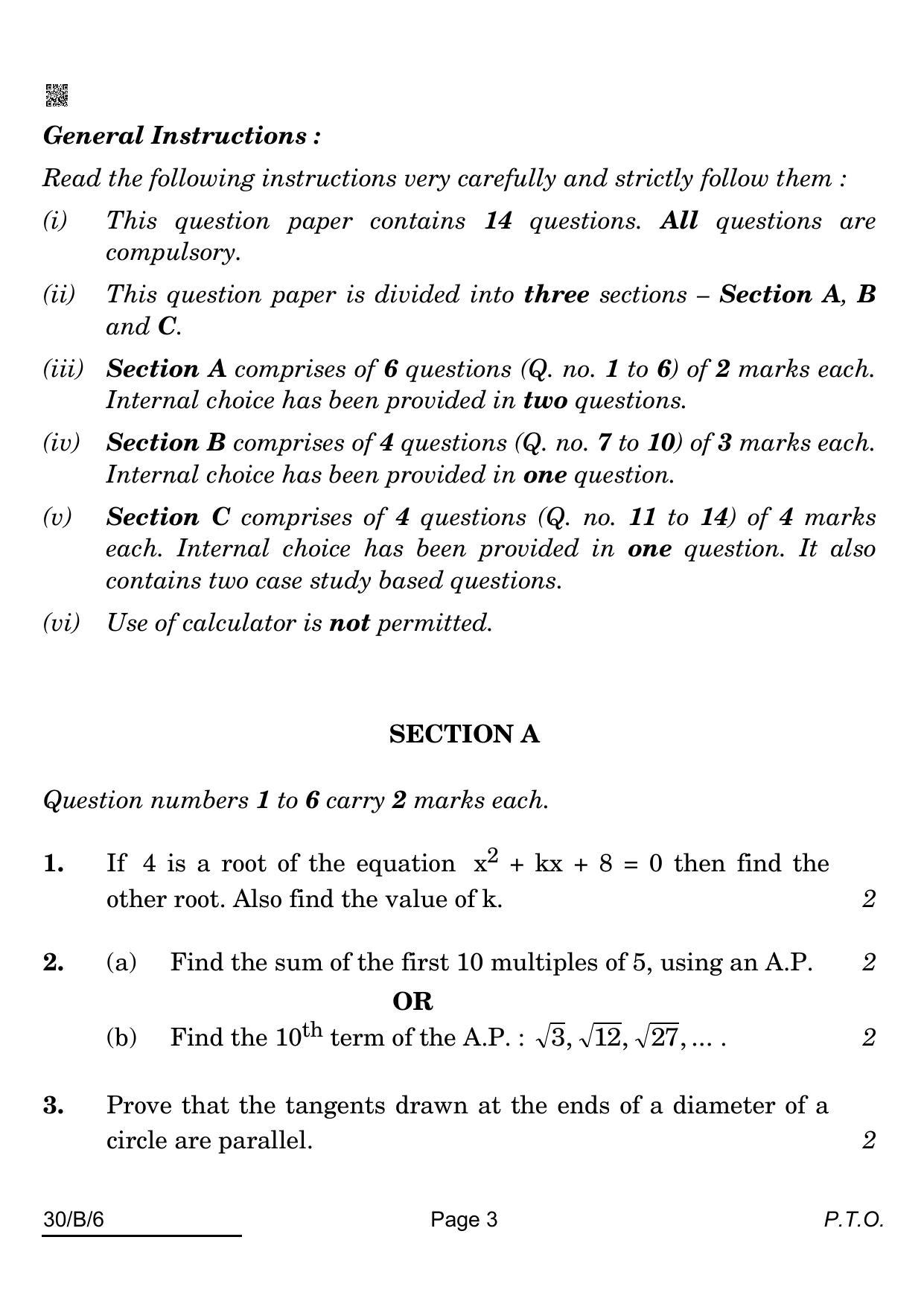 CBSE Class 10 30-B-6 Maths Std. For VI Candidates 2022 Compartment Question Paper - Page 3