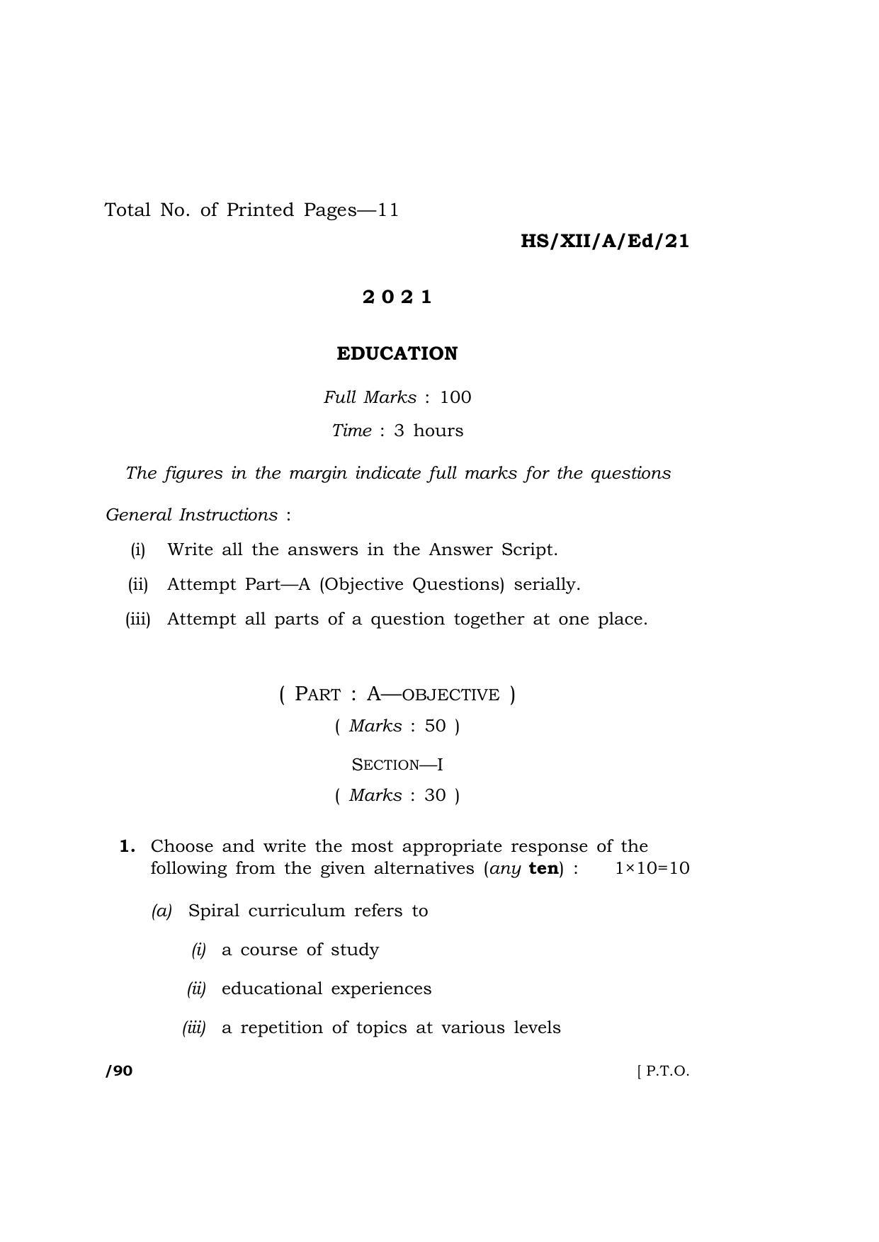 Meghalaya Board (MBOSE) Class 12 EDUCATION (HS-XII-A-Ed-21) 2021 Question Paper - Page 1