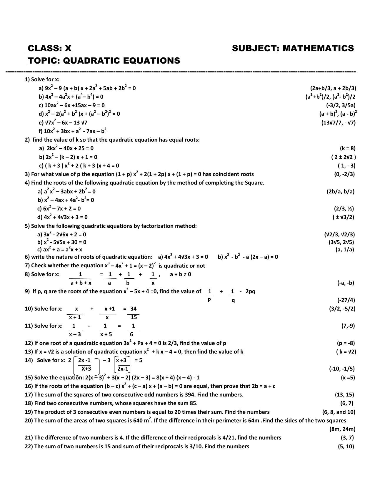 CBSE Worksheets for Class 10 Maths Quadratic Equation Assignment 4 - Page 1