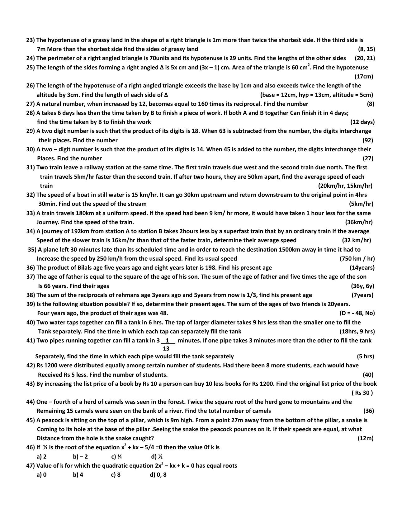 CBSE Worksheets for Class 10 Maths Quadratic Equation Assignment 4 - Page 2