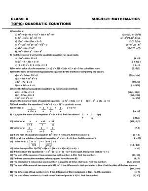 CBSE Worksheets for Class 10 Maths Quadratic Equation Assignment 4