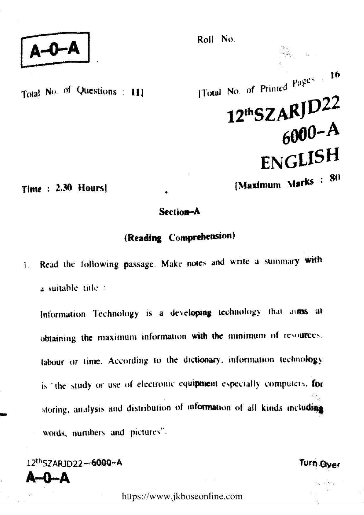 JKBOSE Class 12 English 6000-A Question Papers 2022 - Page 1