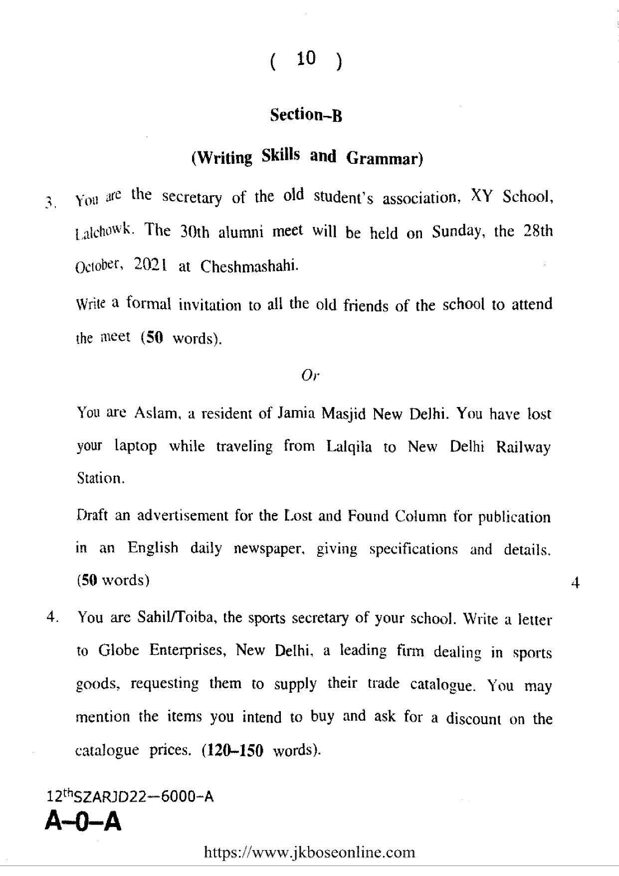 JKBOSE Class 12 English 6000-A Question Papers 2022 - Page 10