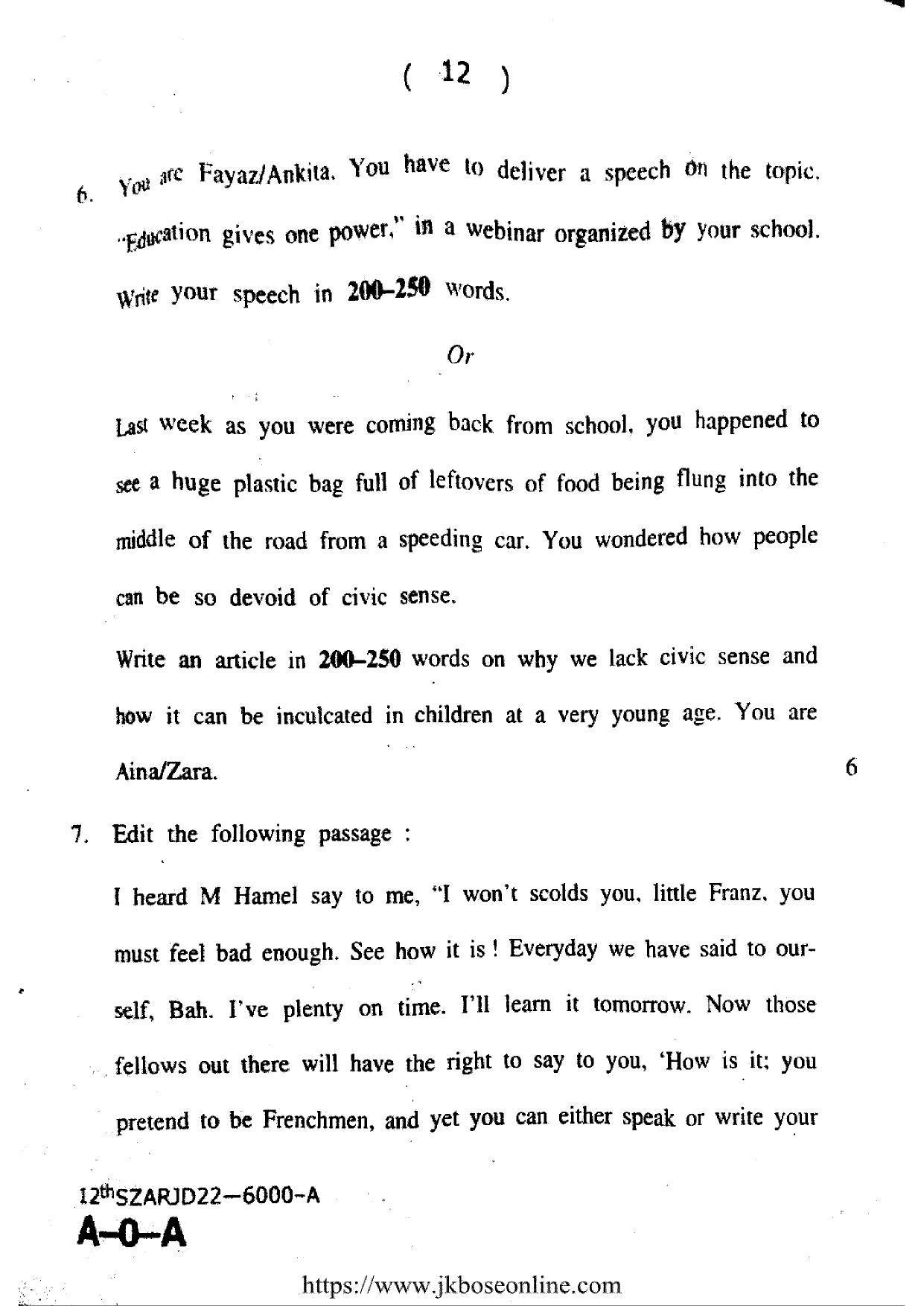 JKBOSE Class 12 English 6000-A Question Papers 2022 - Page 12