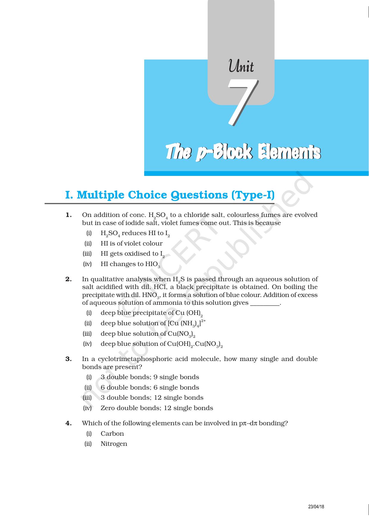 NCERT Exemplar Book for Class 12 Chemistry: Chapter 7 The p-Block Elements - Page 1