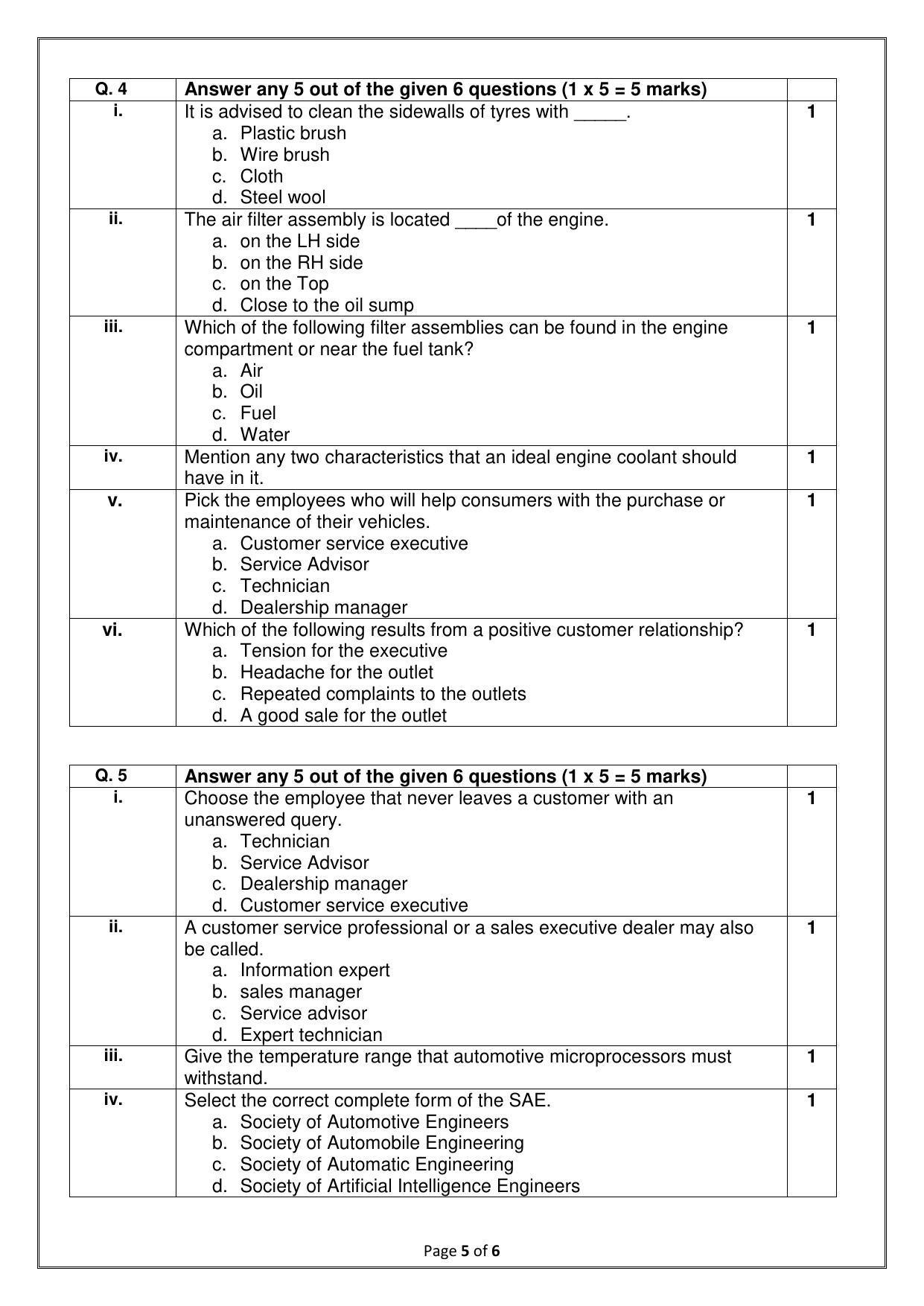 CBSE Class 10 (Skill Education) Automotive Sample Papers 2023 - Page 5