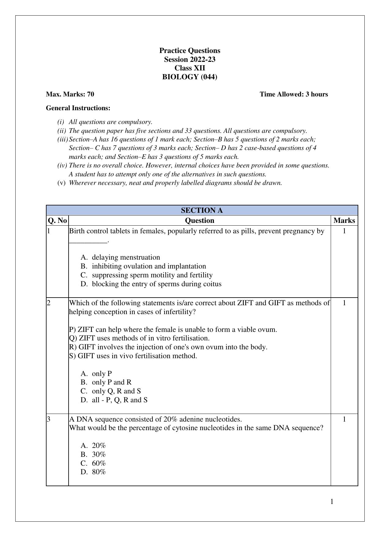 CBSE Class 12 Biology Practice Questions 2022-23 - Page 1