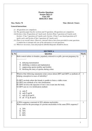 CBSE Class 12 Biology Practice Questions 2022-23