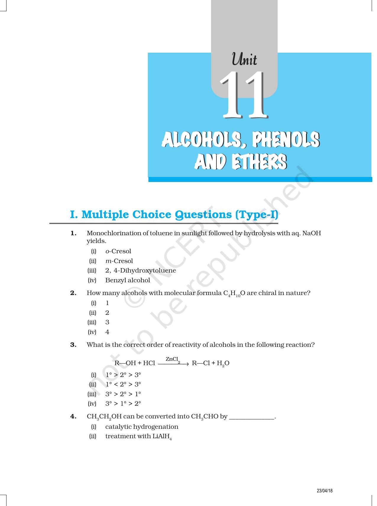 NCERT Exemplar Book for Class 12 Chemistry: Chapter 11 Alcohols, Phenols and Ethers - Page 1