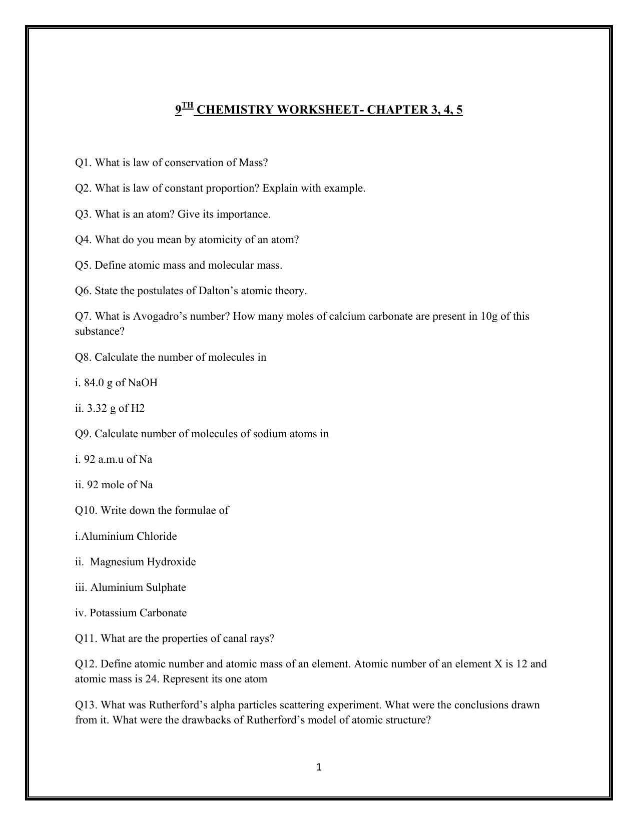 CBSE Worksheets for Class 9 Chemistry Assignment 3 - Page 1