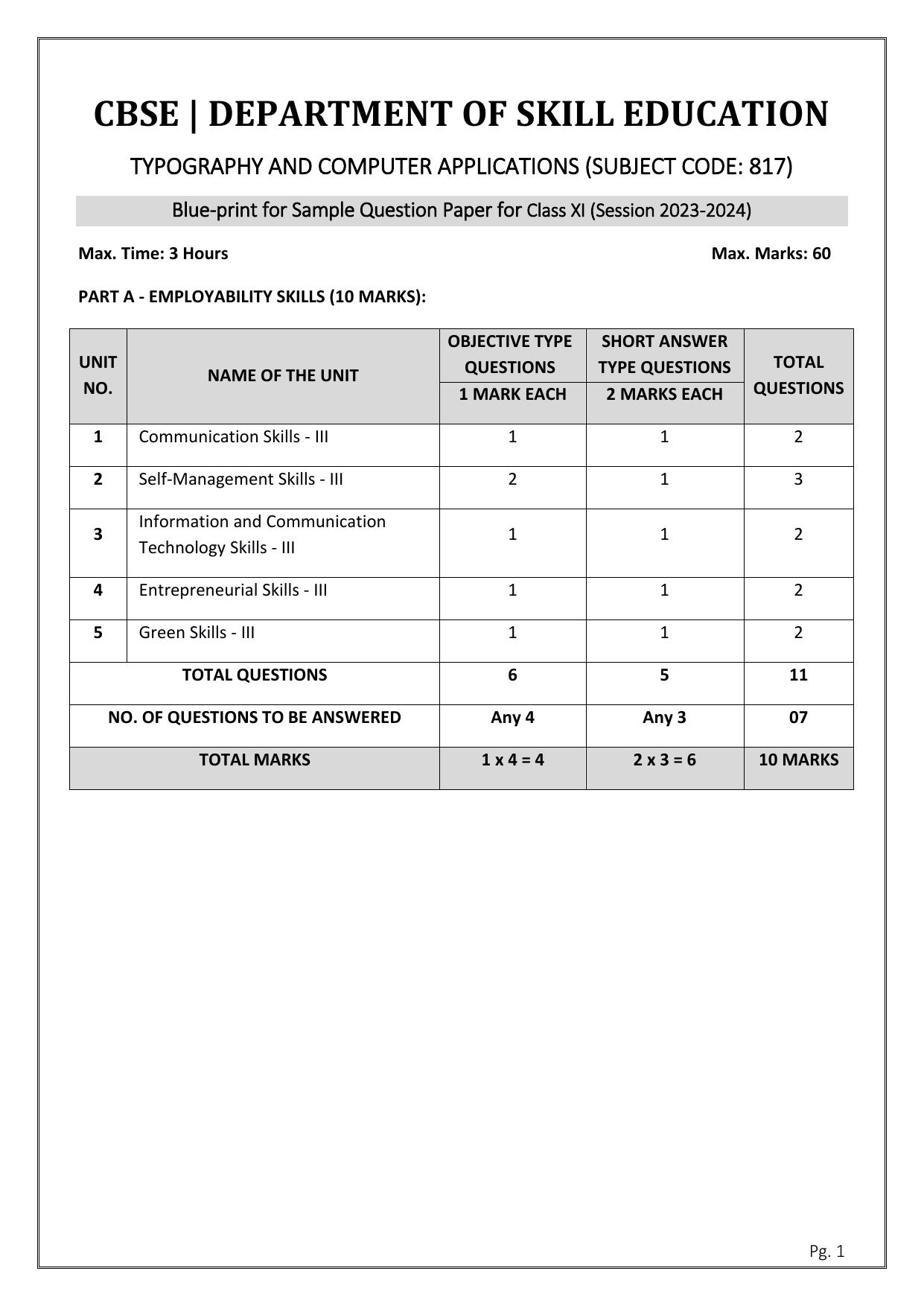 CBSE Class 11: TYPOGRAPHY & COMPUTER APPLICATION 2024 Sample Paper - Page 1