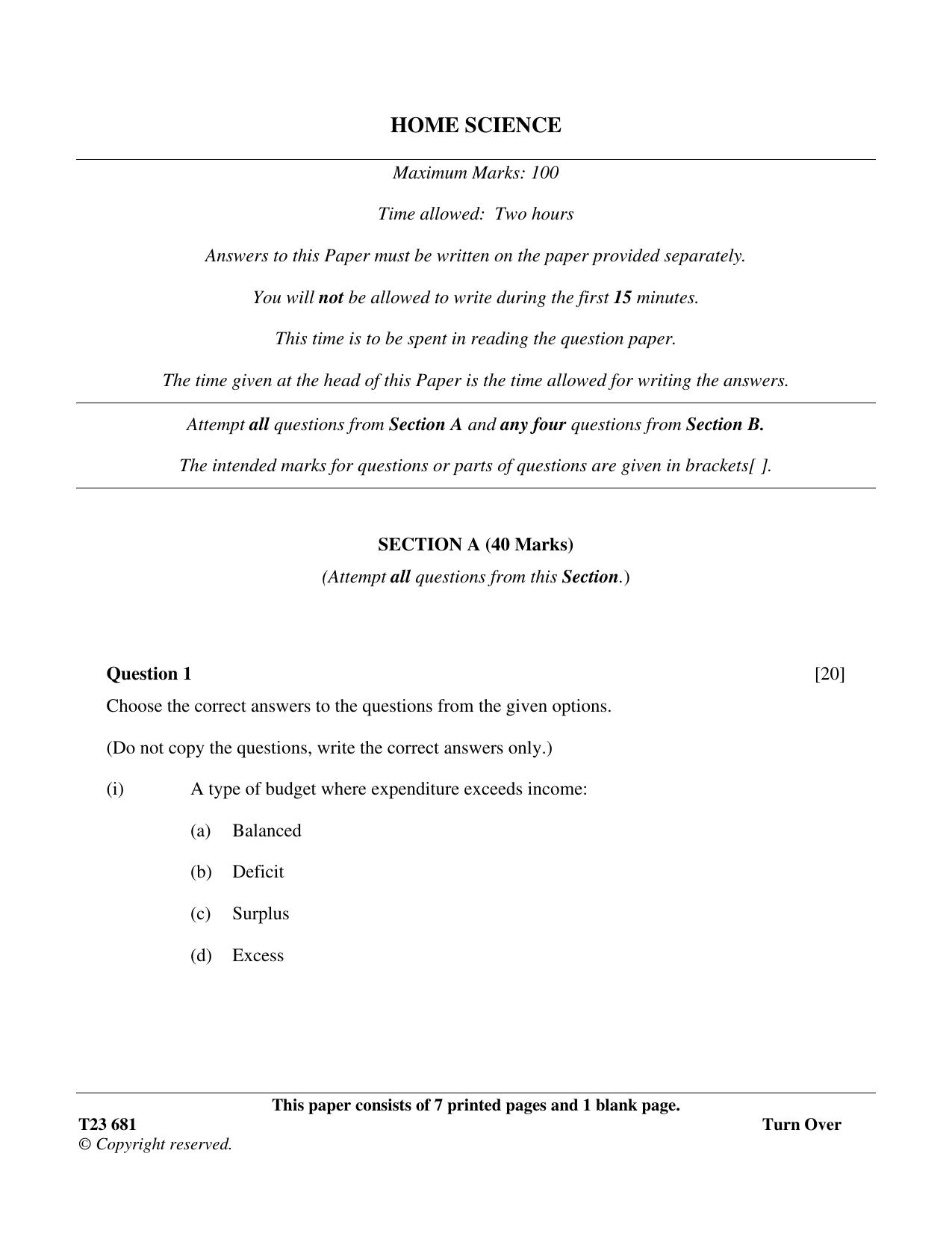 ICSE Class 10 HOME SCIENCE 2023 Question Paper - Page 1