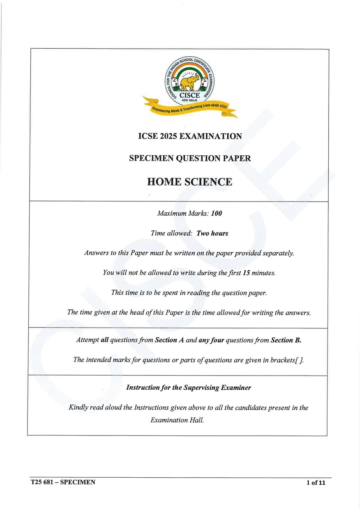 ICSE Class 10 2025 Home Science (QP & MS) Specimen Paper - Page 1