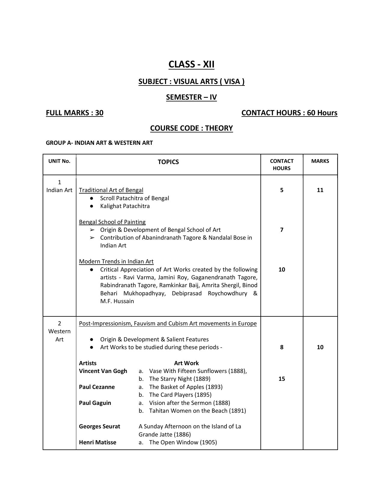 WBCHSE Class 11 & 12 Syllabus for Visual Arts (VISA) (SET III) - Page 11
