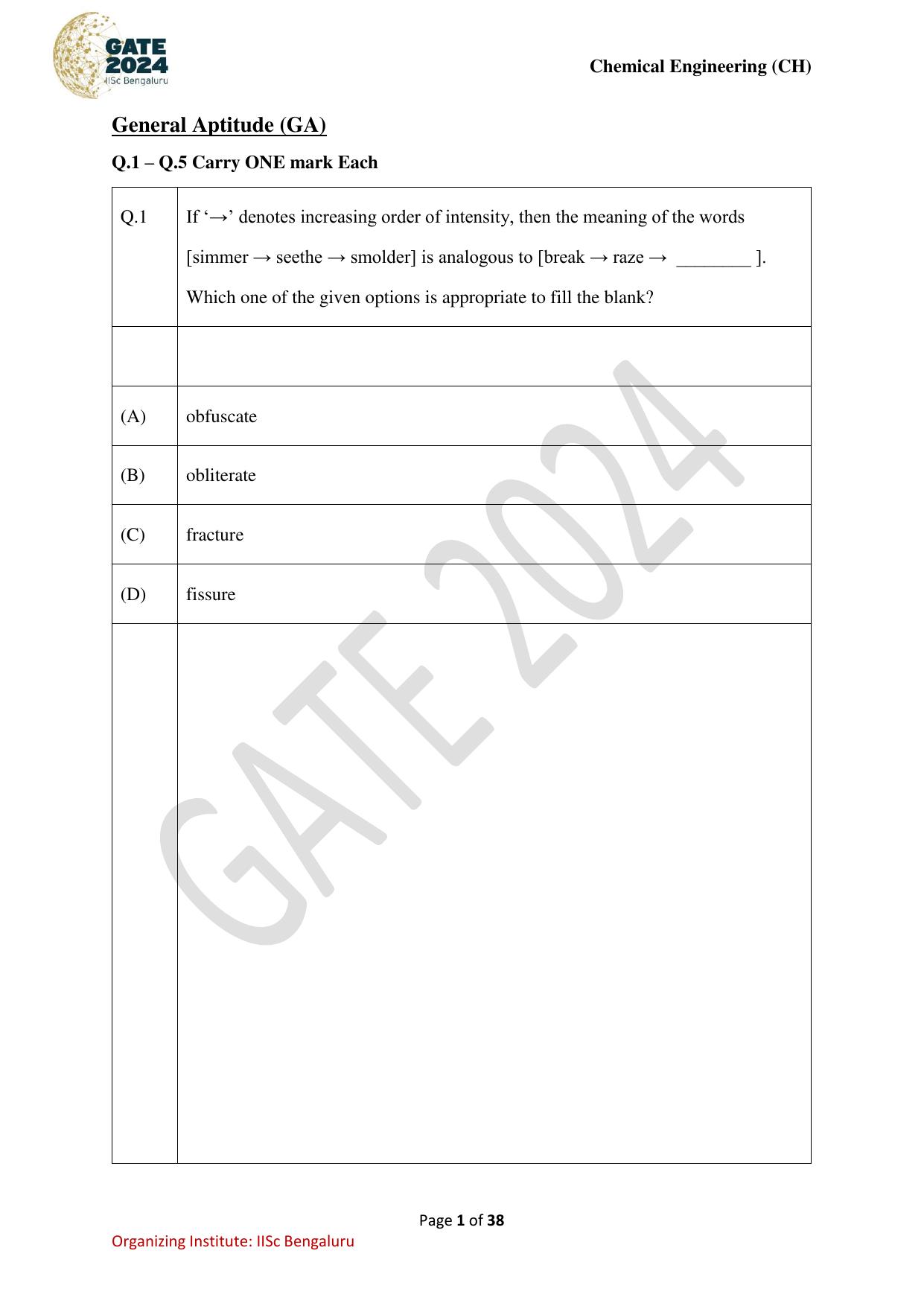 GATE 2024 Chemical Engineering (CH) Question Paper - Page 1