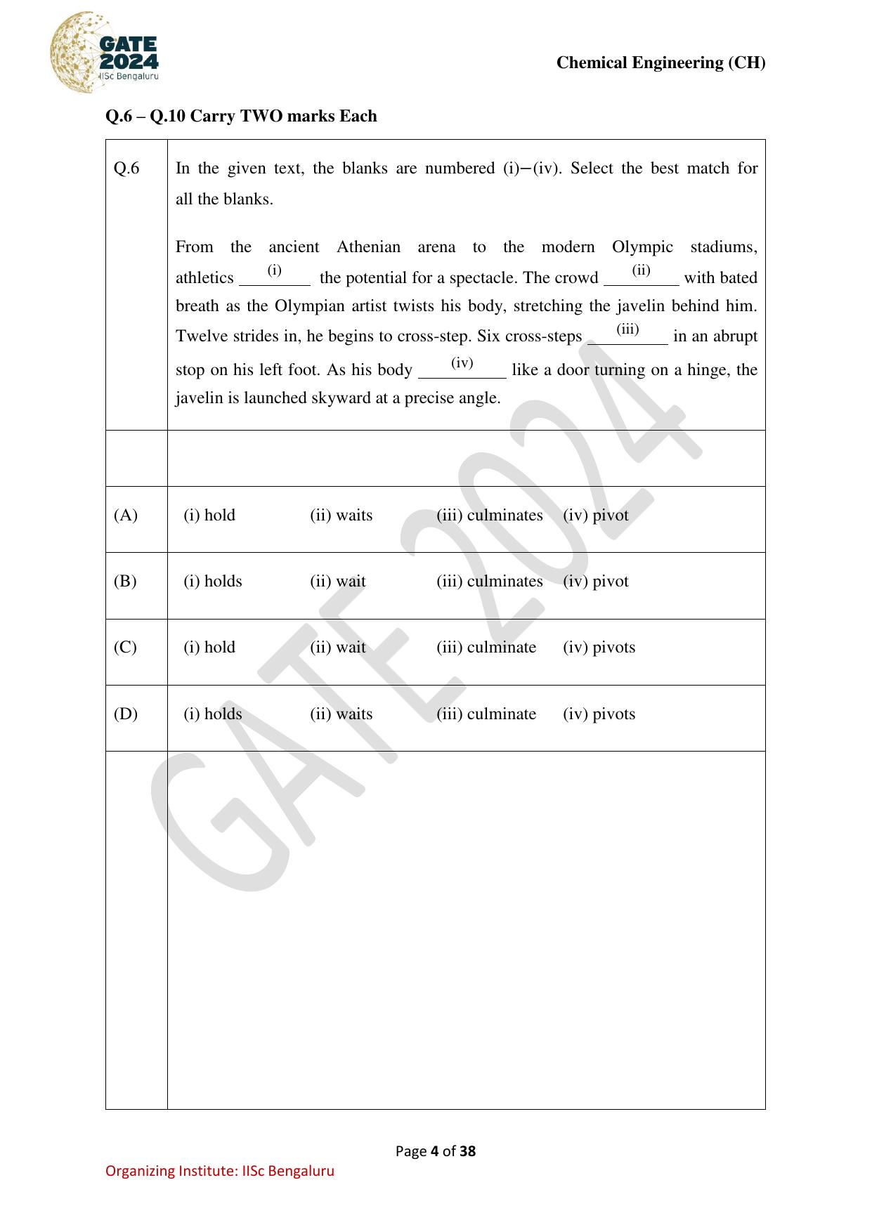 GATE 2024 Chemical Engineering (CH) Question Paper - Page 4