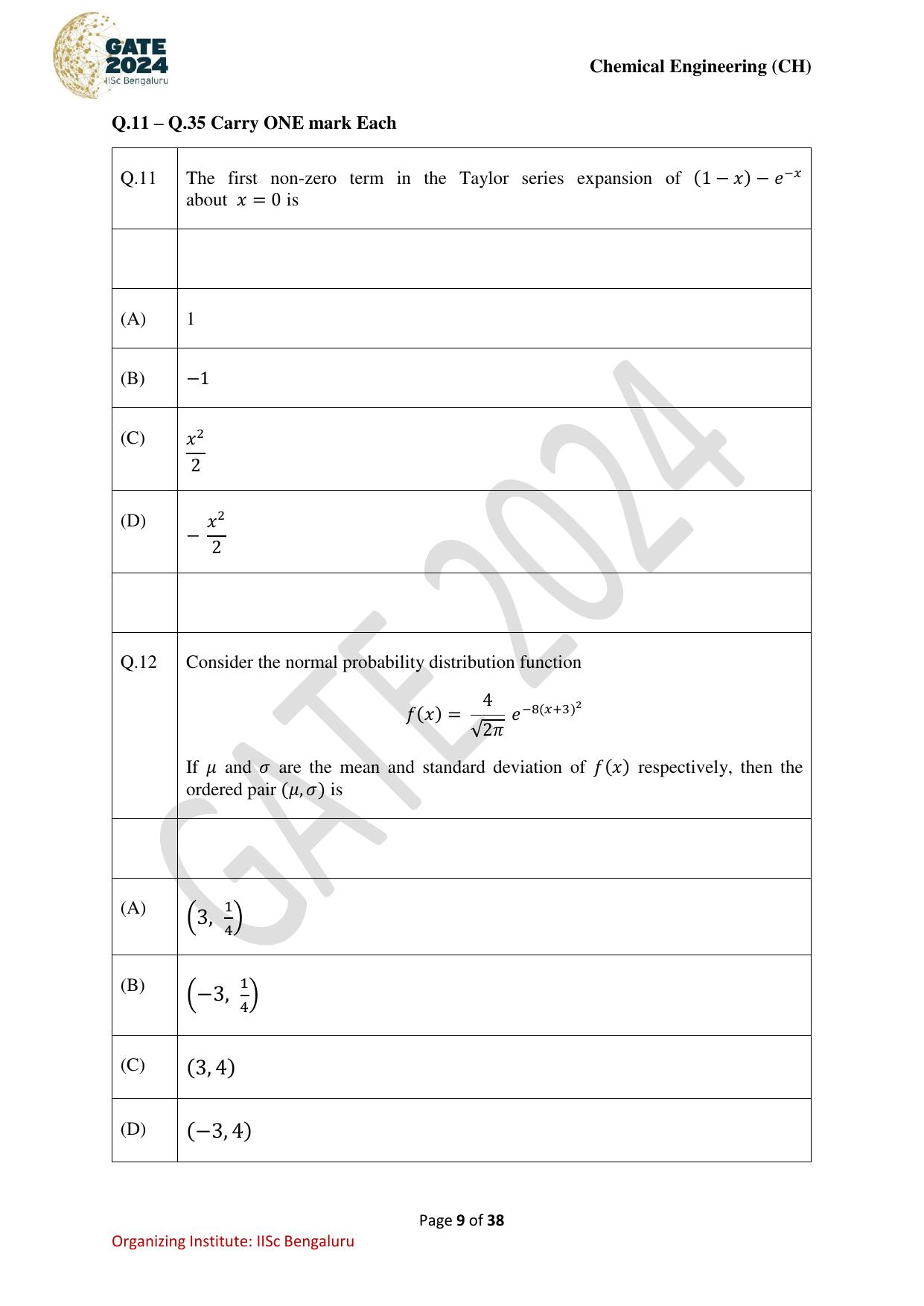 GATE 2024 Chemical Engineering (CH) Question Paper - Page 9