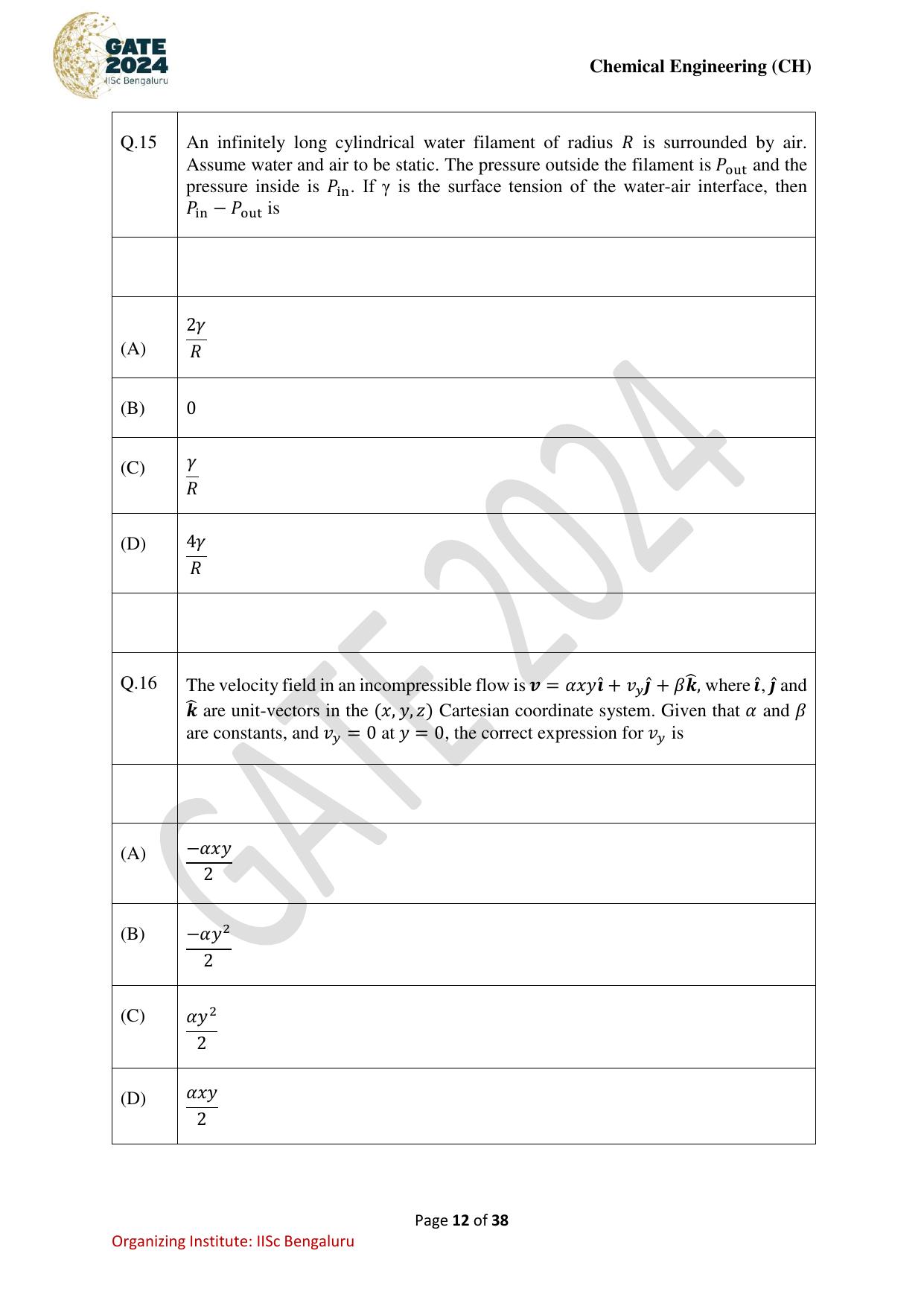 GATE 2024 Chemical Engineering (CH) Question Paper - Page 12