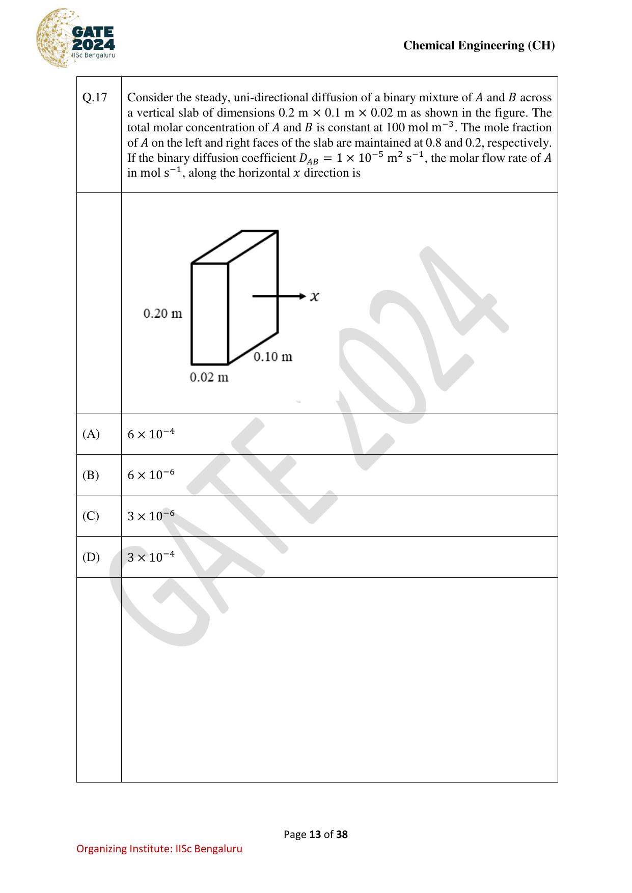 GATE 2024 Chemical Engineering (CH) Question Paper - Page 13