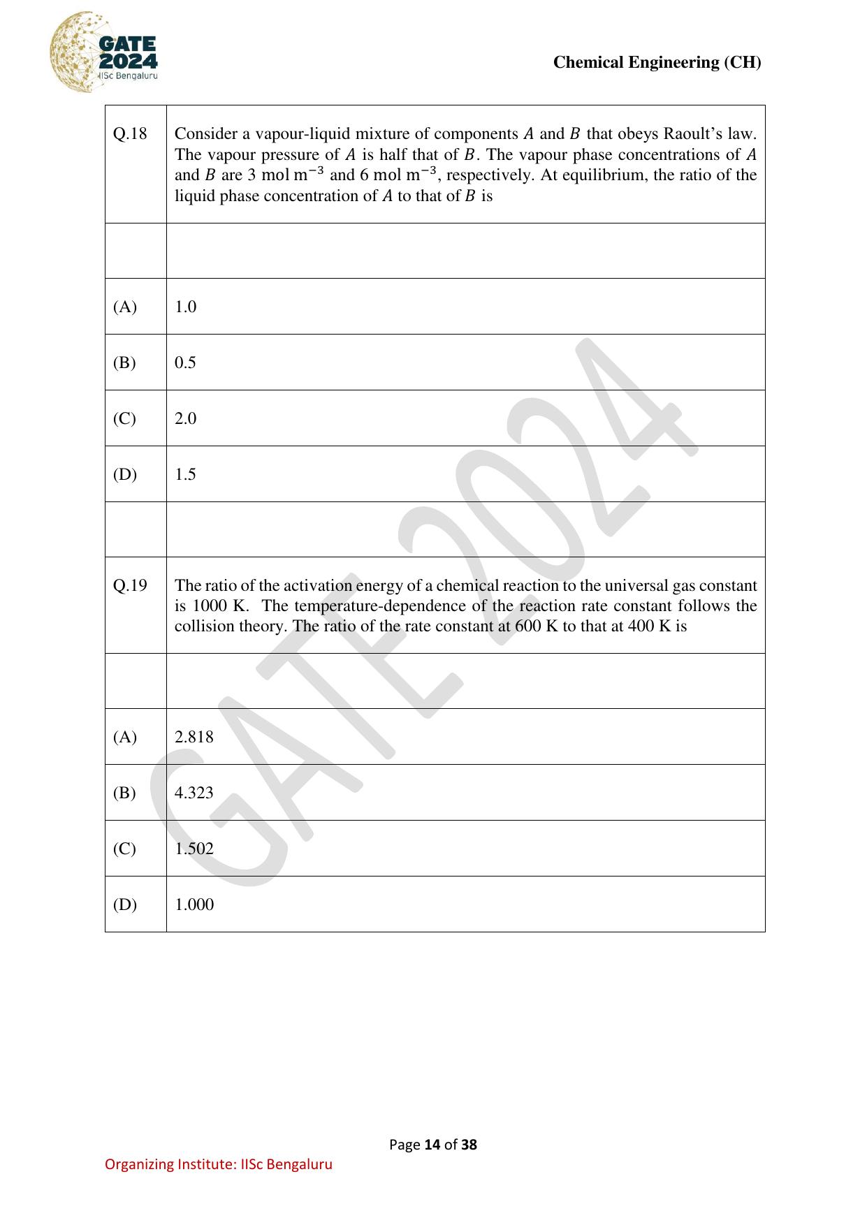 GATE 2024 Chemical Engineering (CH) Question Paper - Page 14