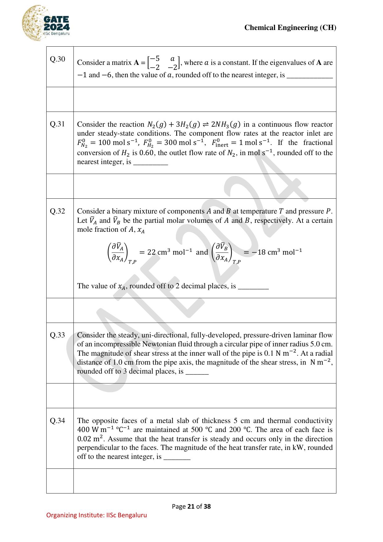 GATE 2024 Chemical Engineering (CH) Question Paper - Page 21