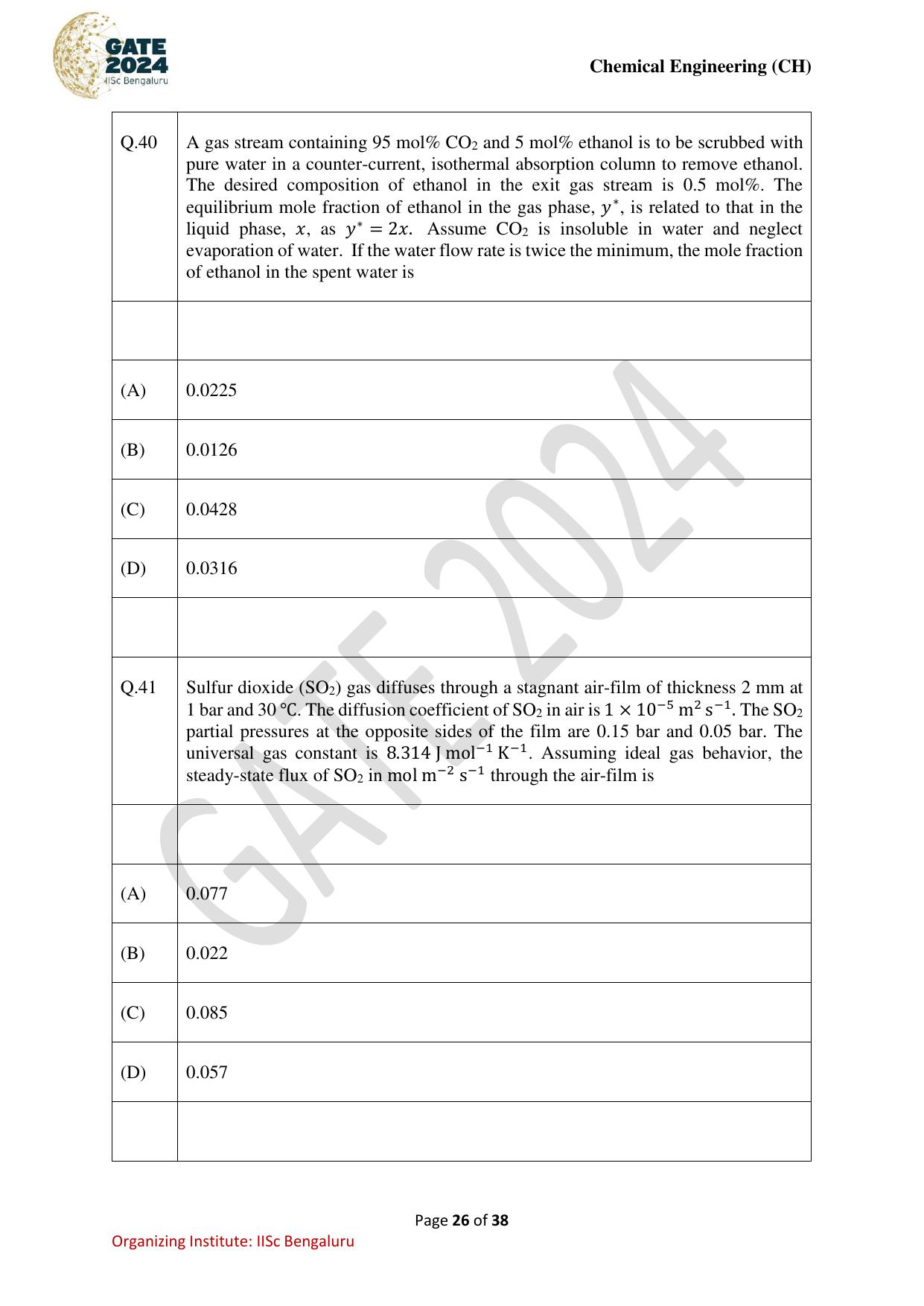 GATE 2024 Chemical Engineering (CH) Question Paper - Page 26