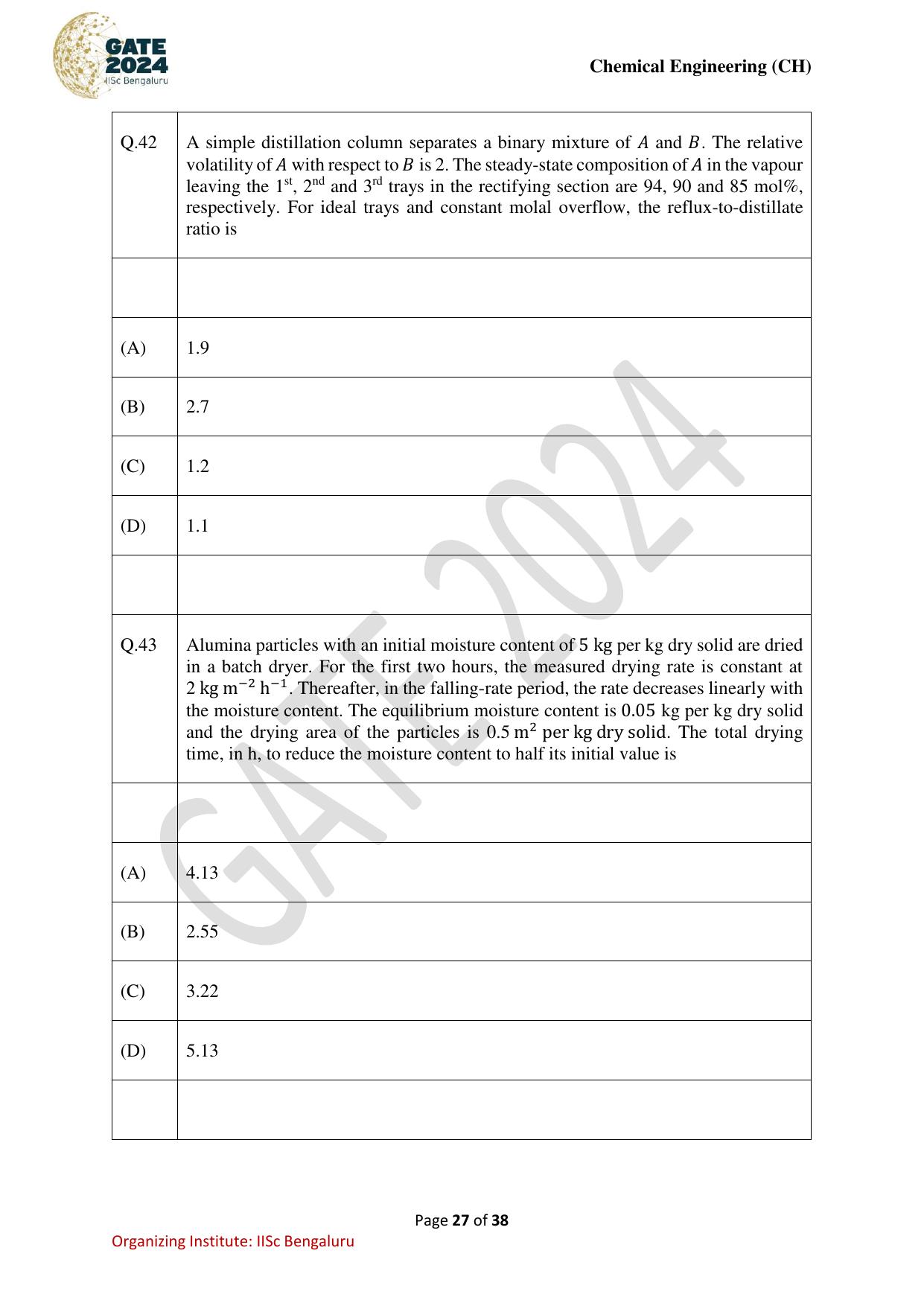 GATE 2024 Chemical Engineering (CH) Question Paper - Page 27