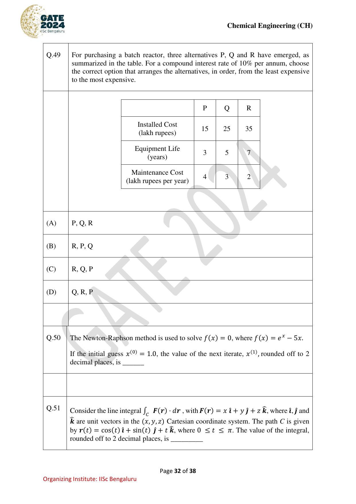 GATE 2024 Chemical Engineering (CH) Question Paper - Page 32
