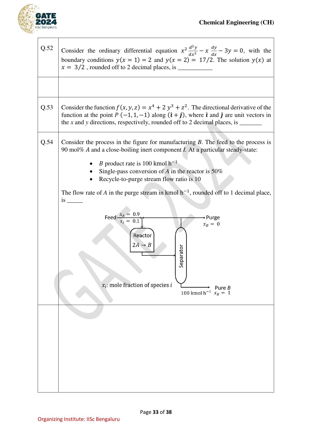 GATE 2024 Chemical Engineering (CH) Question Paper - Page 33